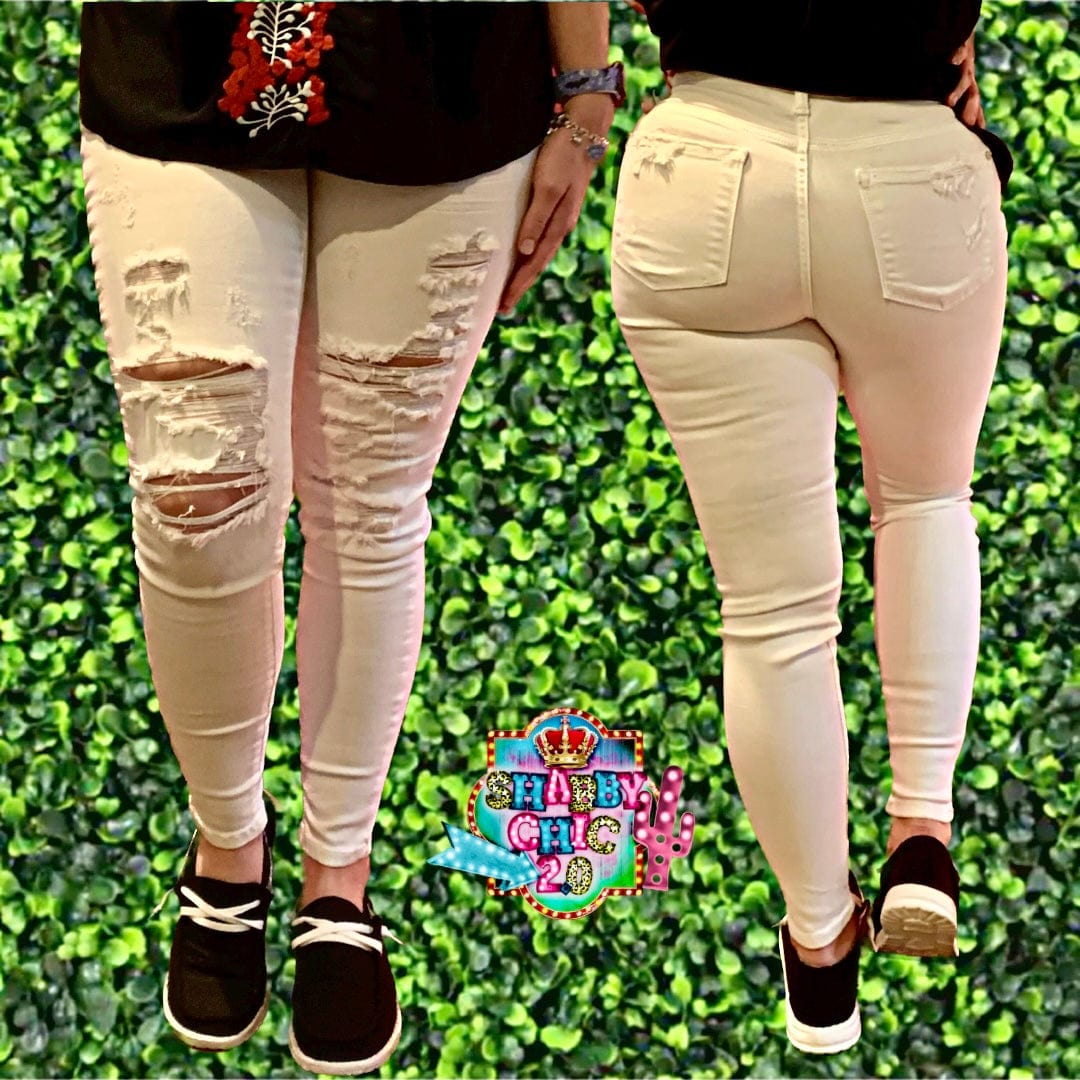 Judy Blue White Distressed Skinny Midrise Jeans Shabby Chic Boutique and Tanning Salon
