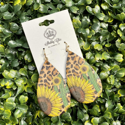 Leopard and Sunflower Cork earrings Shabby Chic Boutique and Tanning Salon