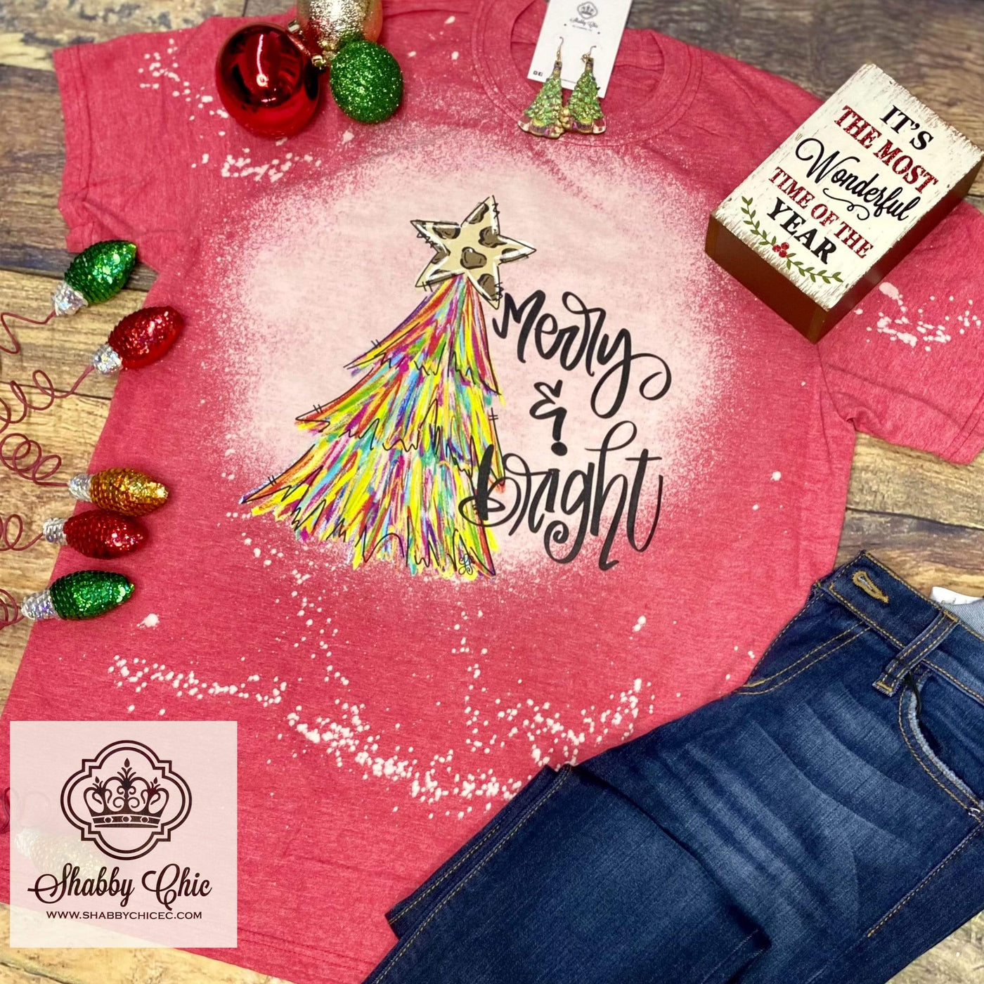 Merry and Bright Tee - bleached Shabby Chic Boutique and Tanning Salon