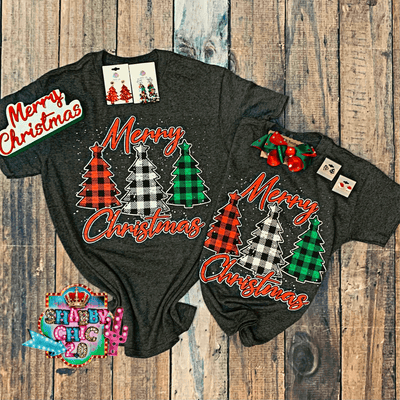 Merry Christmas Plaid Trees Tee Shabby Chic Boutique and Tanning Salon
