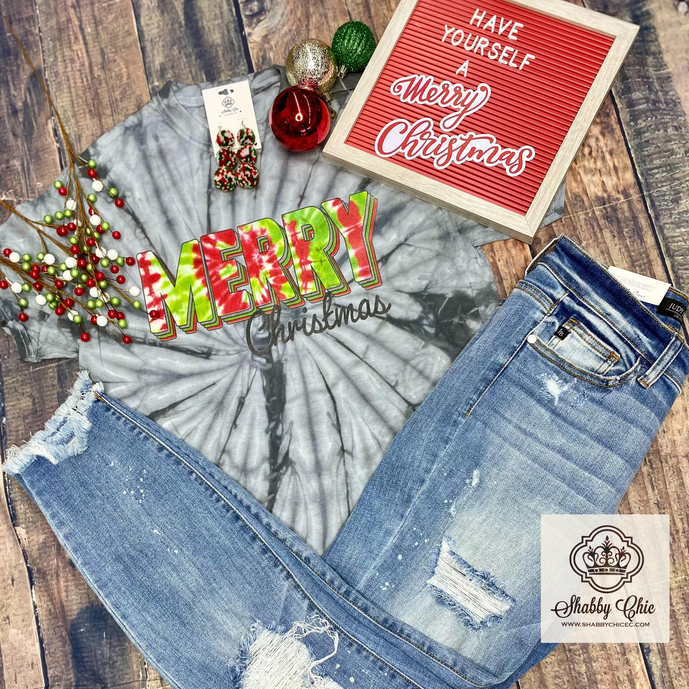 Merry Christmas (Tie Dye) Tee Shabby Chic Boutique and Tanning Salon