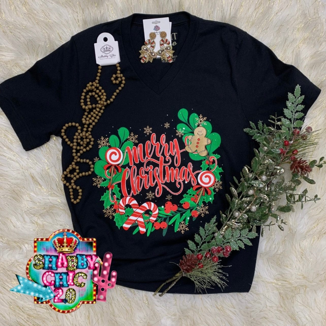 Merry Christmas Wreath Tee Shabby Chic Boutique and Tanning Salon