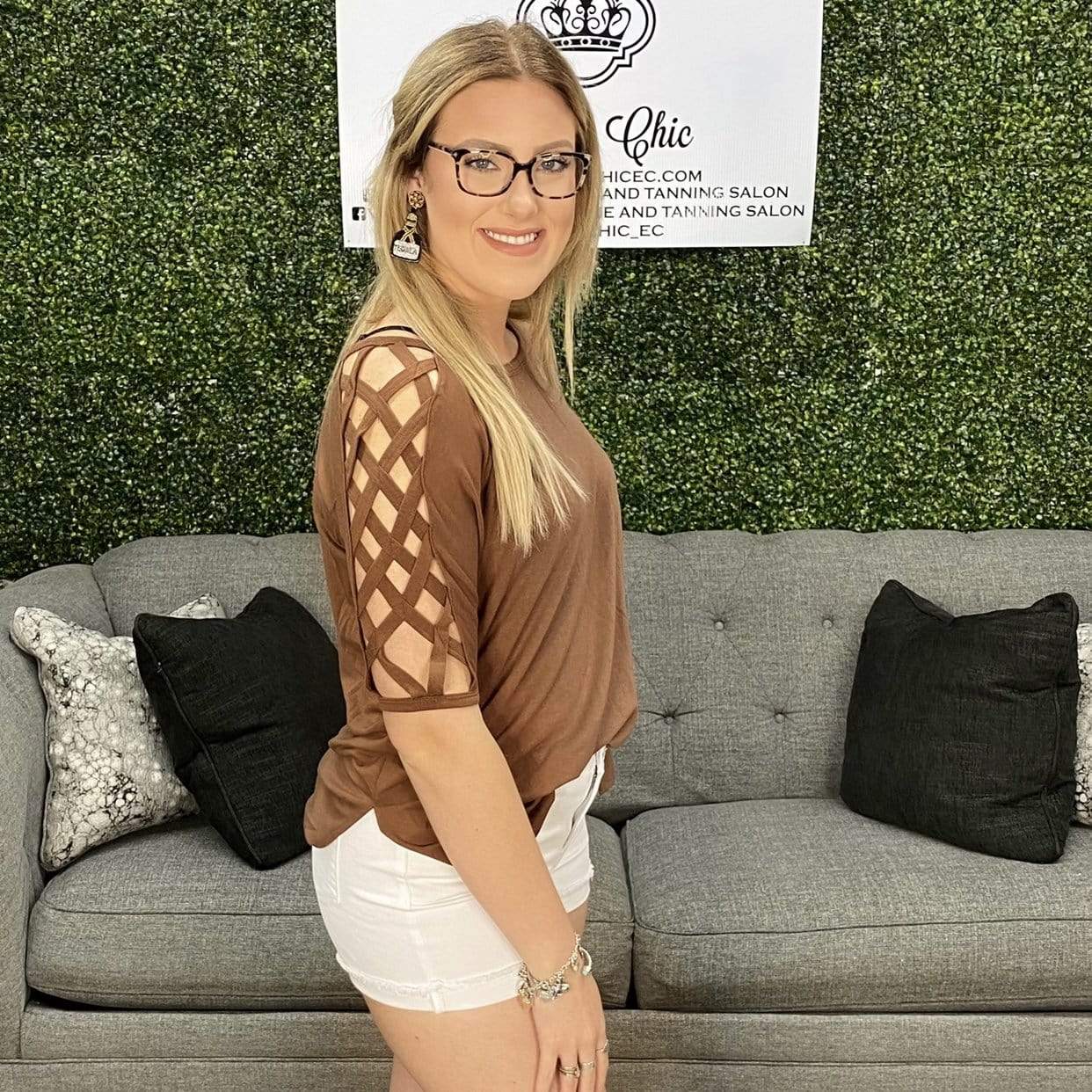 Mocha Criss Cross Shoulders Top Shabby Chic Boutique and Tanning Salon