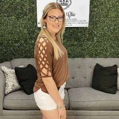 Mocha Criss Cross Shoulders Top Shabby Chic Boutique and Tanning Salon