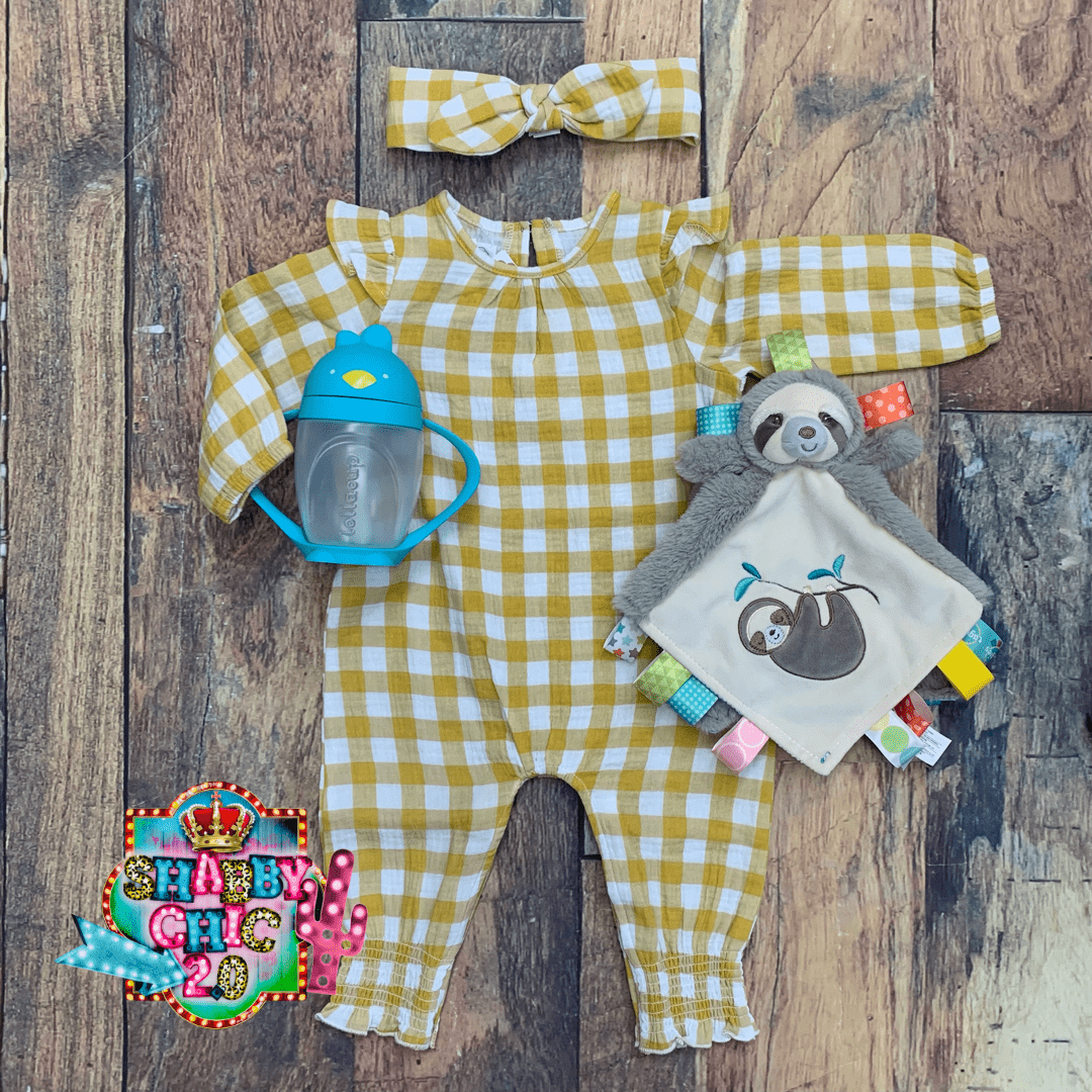 Mud Pie Toddler Girls Mustard and White Gingham Long Sleeve Bodysuit and Headband Shabby Chic Boutique and Tanning Salon