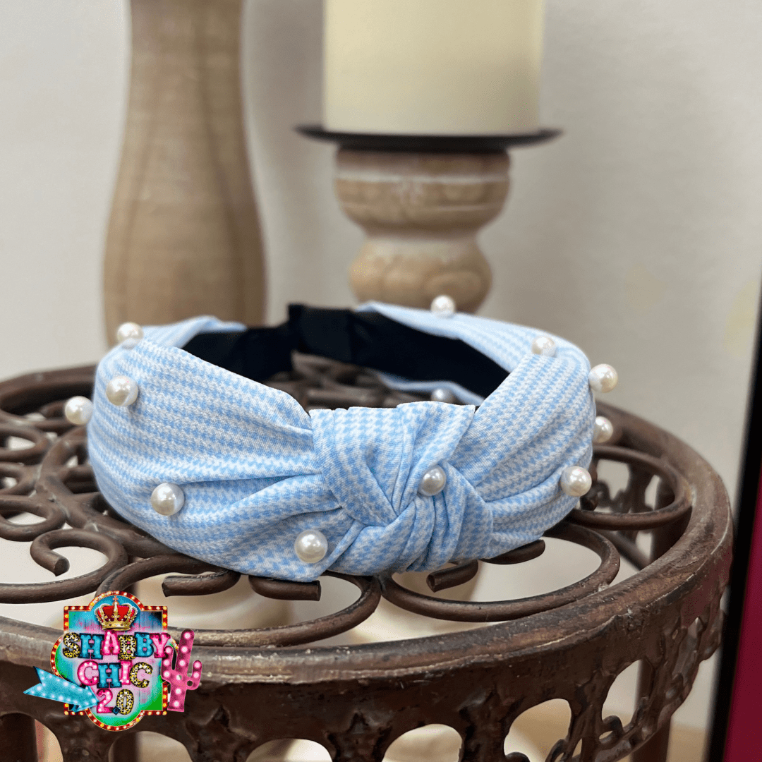 Pearl Studded Gingham Headbands Shabby Chic Boutique and Tanning Salon Blue