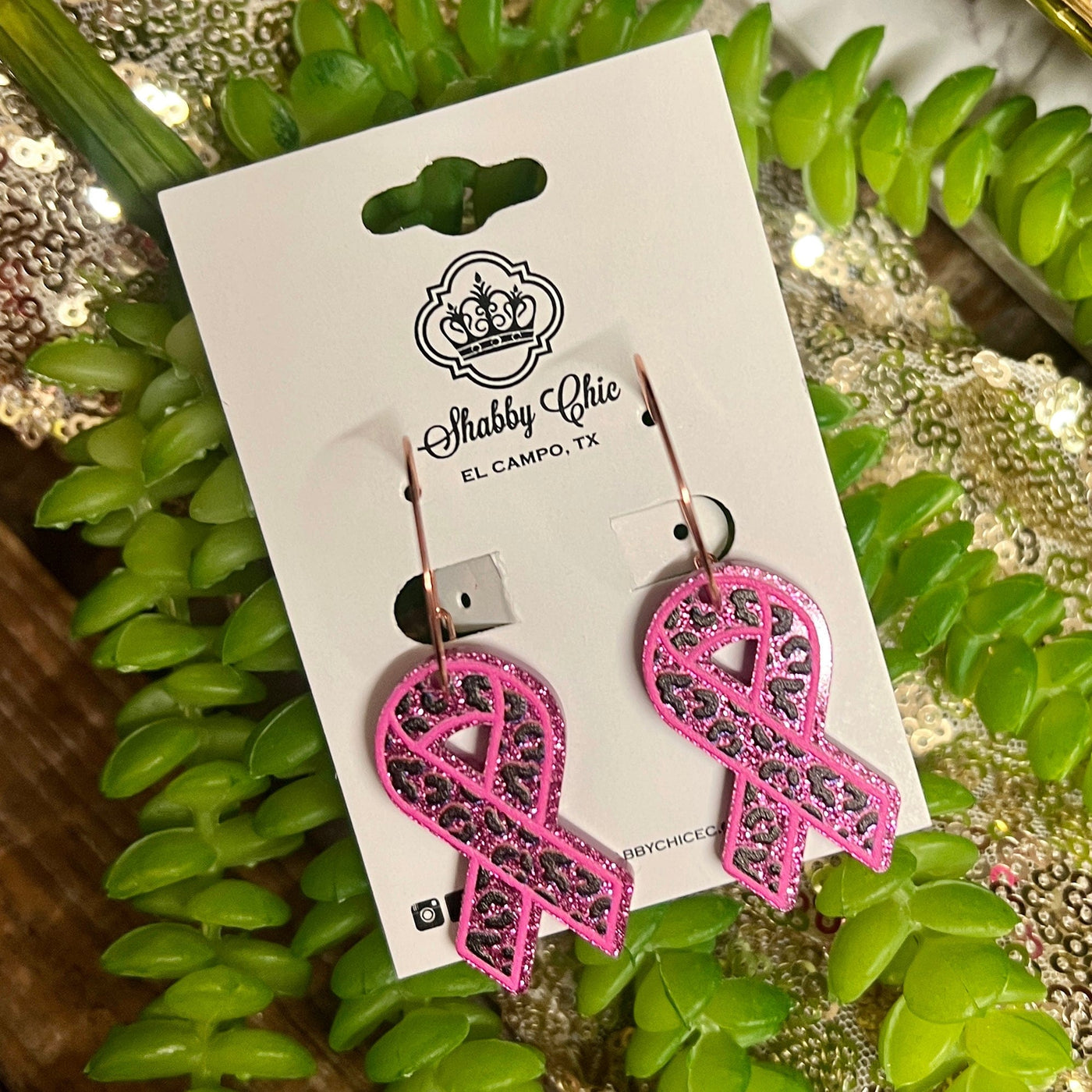 Pink Ribbon Earrings Shabby Chic Boutique and Tanning Salon