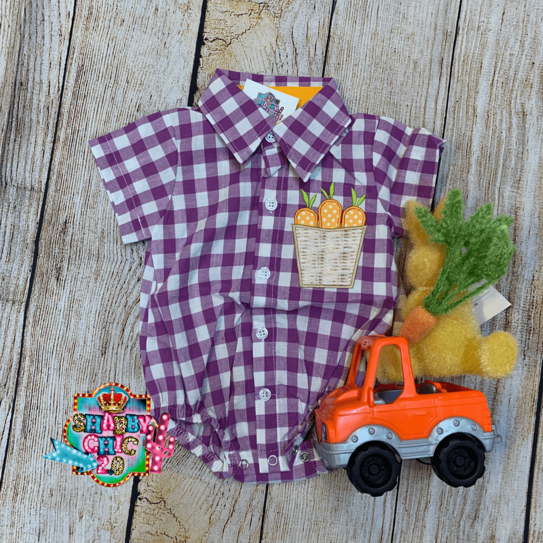 Purple Plaid with Carrots in Pocket Romper Shabby Chic Boutique and Tanning Salon