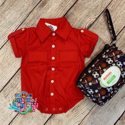 Red 2 Pocket Button Up Romper Shabby Chic Boutique and Tanning Salon