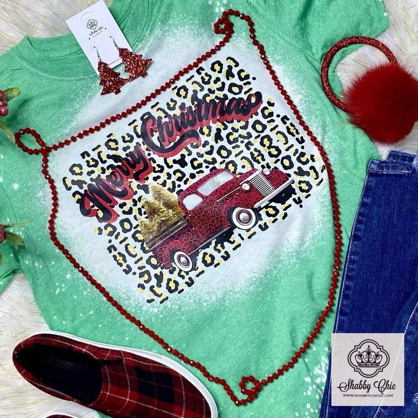 Red Truck Leopard Merry Christmas Tee  - bleached Shabby Chic Boutique and Tanning Salon