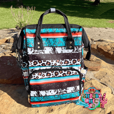 Serape, Leopard and Cowprint Diaper Bag Backpack Shabby Chic Boutique and Tanning Salon