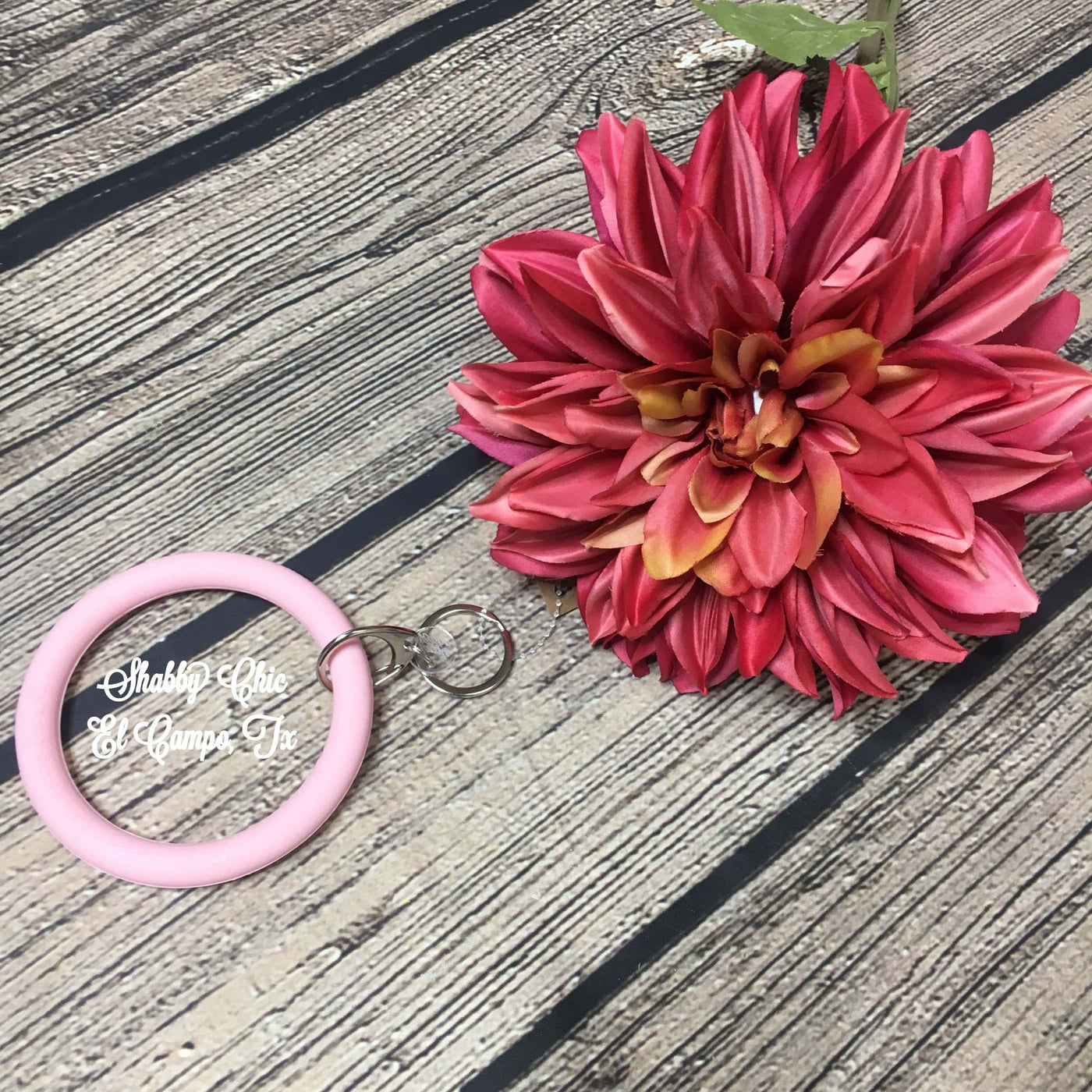 Silicone Bracelet Key Ring Shabby Chic Boutique and Tanning Salon Blush Pink