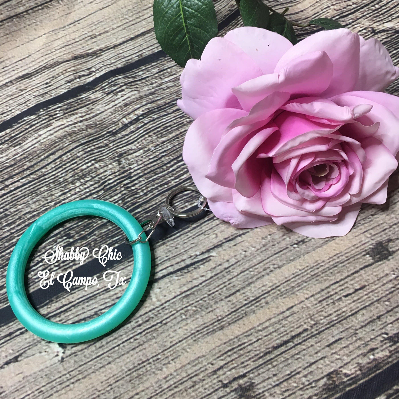 Silicone Bracelet Key Ring Shabby Chic Boutique and Tanning Salon Marbled Sea Green