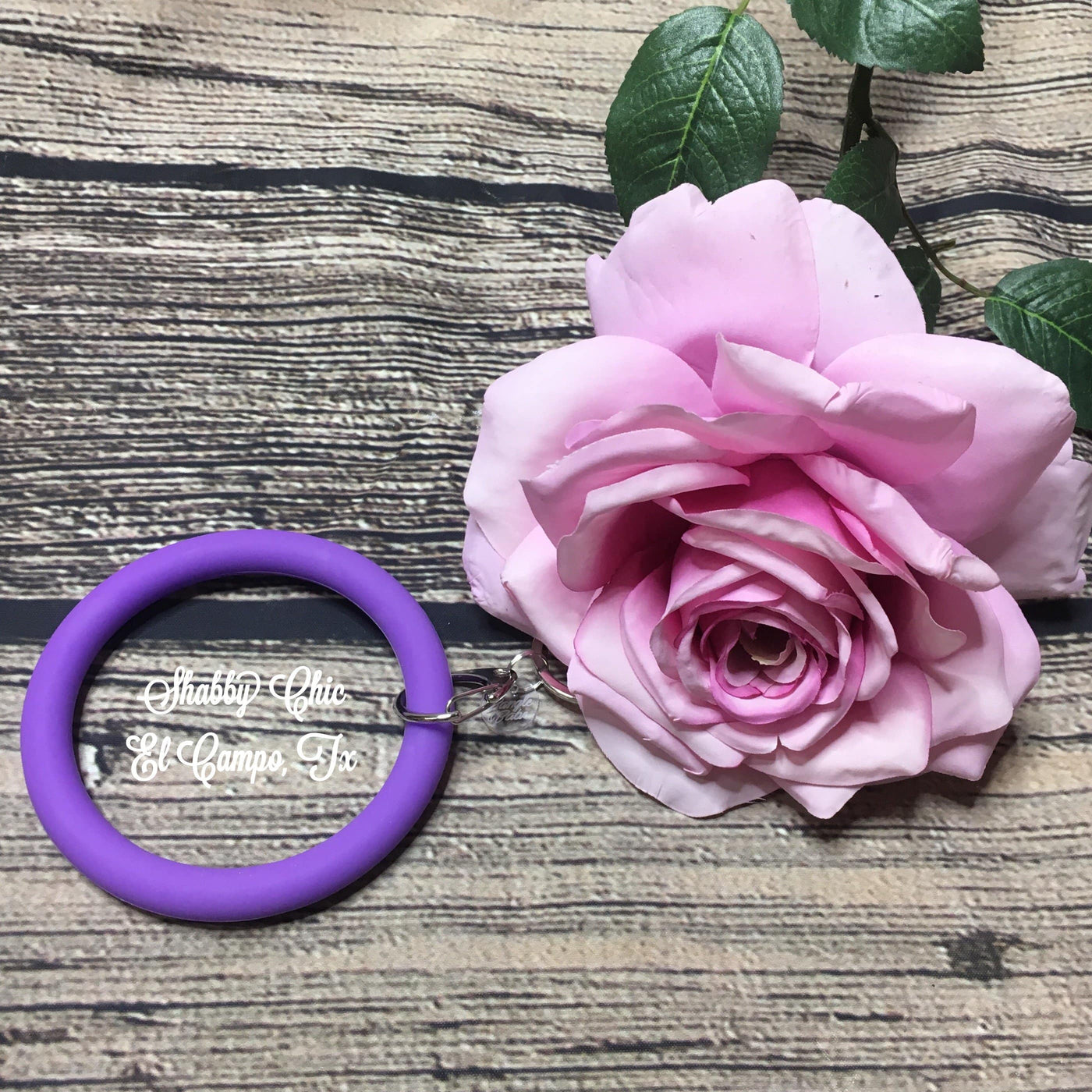 Silicone Bracelet Key Ring Shabby Chic Boutique and Tanning Salon Purple