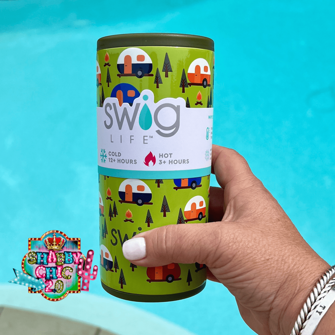 Swig Happy Camper Skinny Can Cooler Shabby Chic Boutique and Tanning Salon