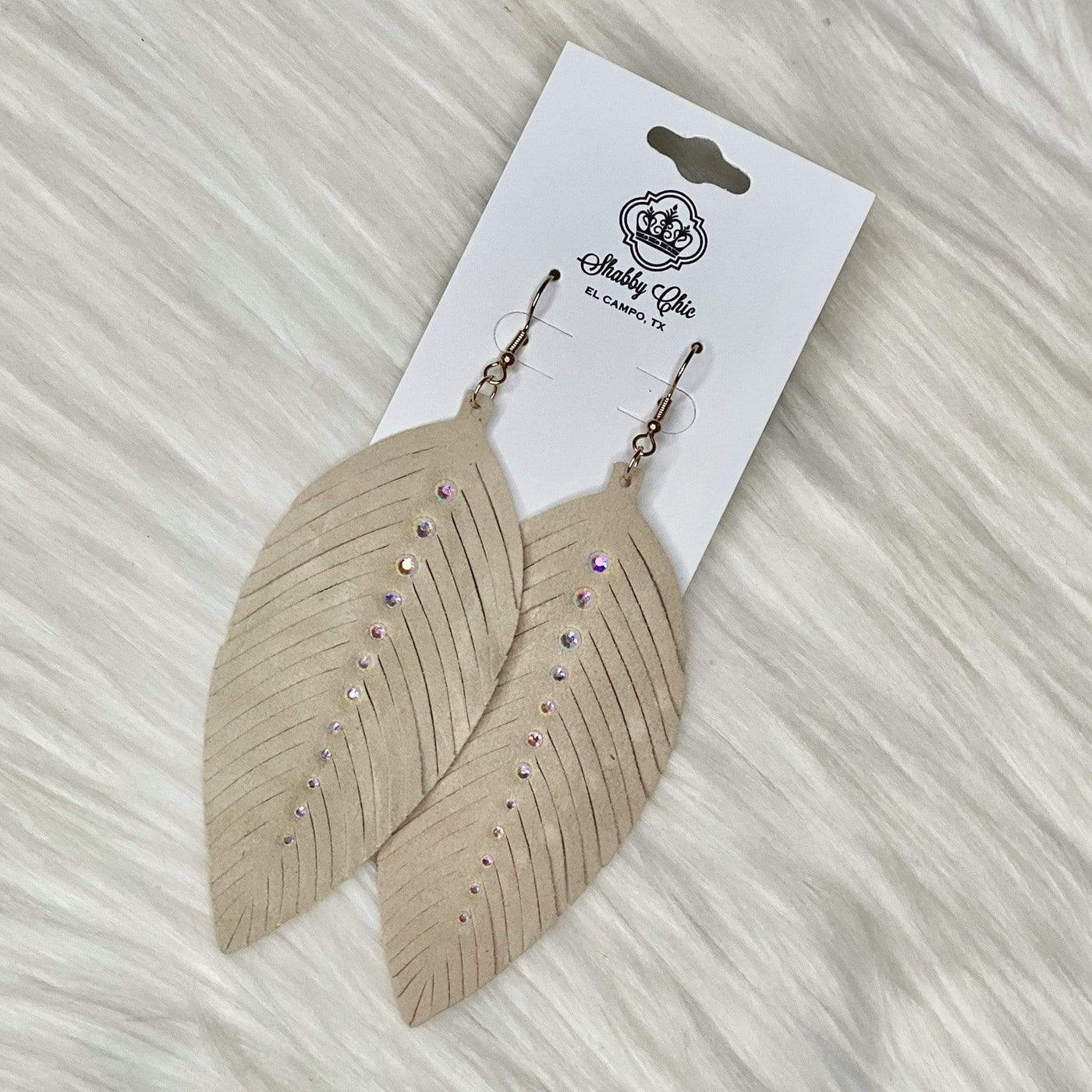 Tan Suede Feather earrings Shabby Chic Boutique and Tanning Salon
