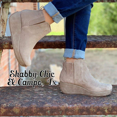 Tan Suede Wedge Booties Shabby Chic Boutique and Tanning Salon