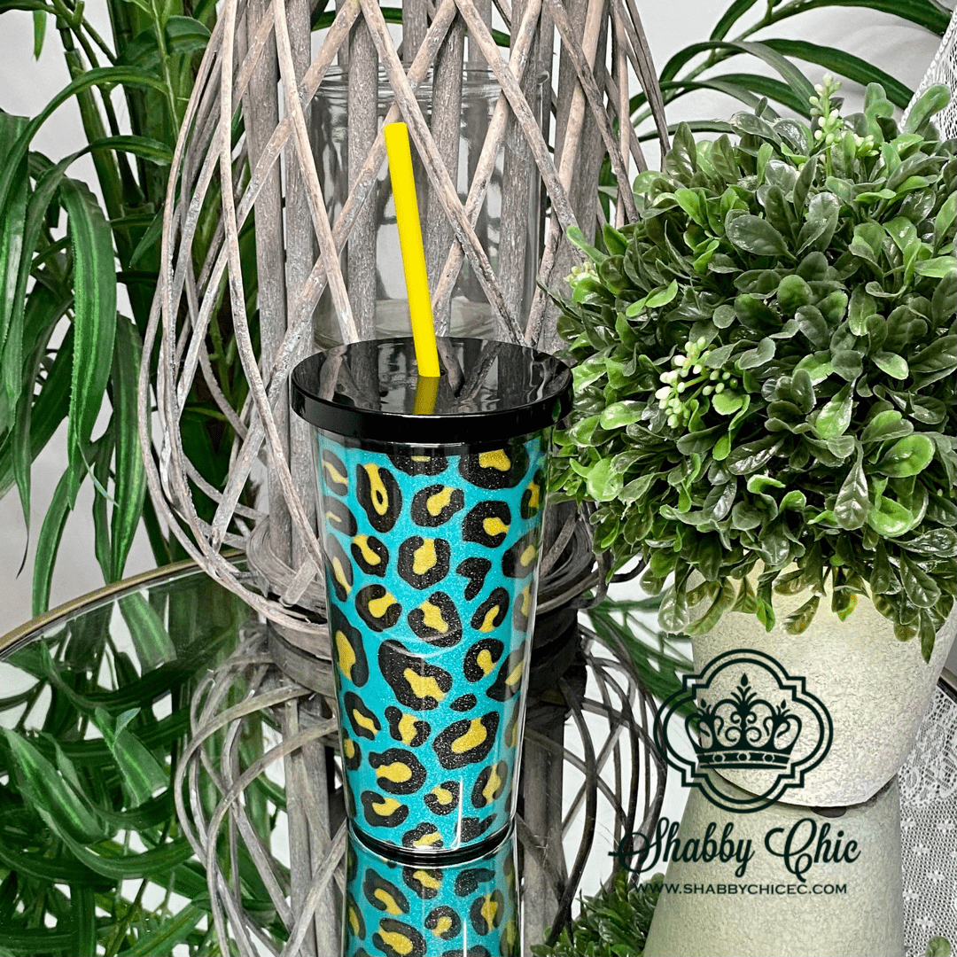 Teal and Yellow Glitter Leopard Tumbler Shabby Chic Boutique and Tanning Salon