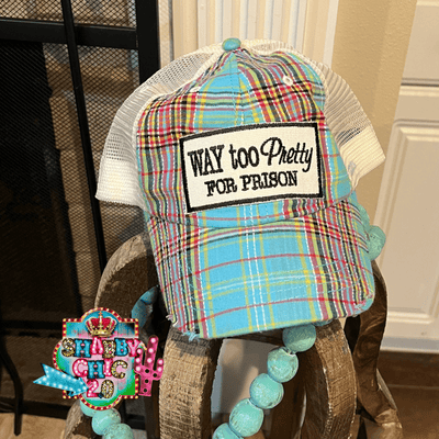 Way Too Pretty For Prison Cap - Blue Plaid Shabby Chic Boutique and Tanning Salon