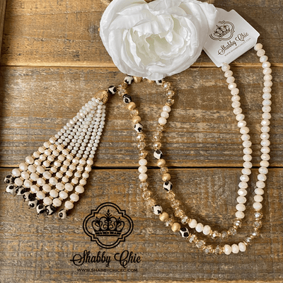 White Beaded Tassel Necklace Shabby Chic Boutique and Tanning Salon