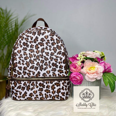 White with Brown Leopard Backpack Shabby Chic Boutique and Tanning Salon