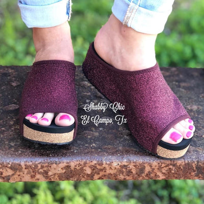 Wine Glitter Slide Wedge Shabby Chic Boutique and Tanning Salon