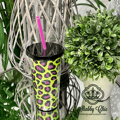 Yellow and Pink Glitter Leopard Tumbler Shabby Chic Boutique and Tanning Salon